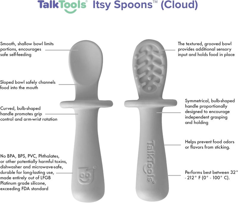 TalkTools ITSY Tiny Silicone Spoons – Twin Pack Soft Silicone Self-Feeding Training Spoons for Kids & Toddlers, Anti-Choking Flange Guard and Non-Slip Handle (Cloud) - Image 2